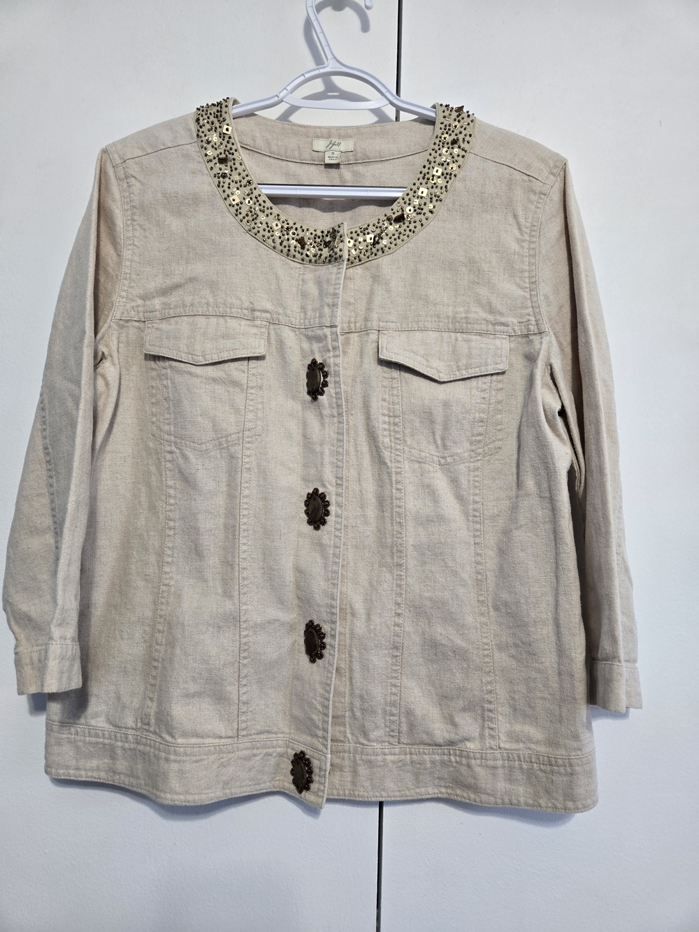 J. Jill Linen Blend Jacket S Embellished Beaded Neckline Statement Buttons